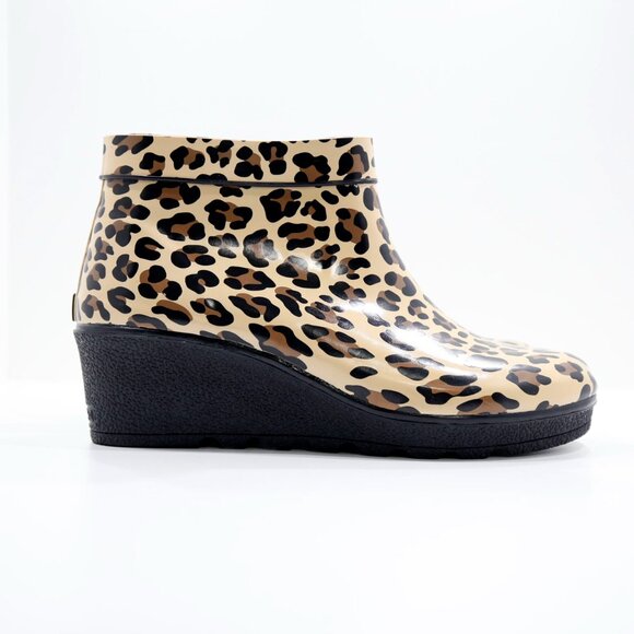 Sperry Top-Sider Brown Cheetah Print Rubber 2" Wedge Heel Short Rain Boots - 10 - Picture 3 of 7